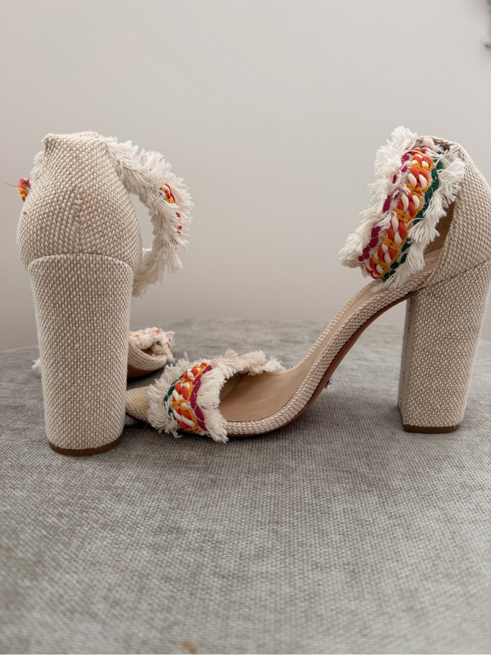 Fringed Neutral Block Heel Sandal with Multicolor Braided Strap